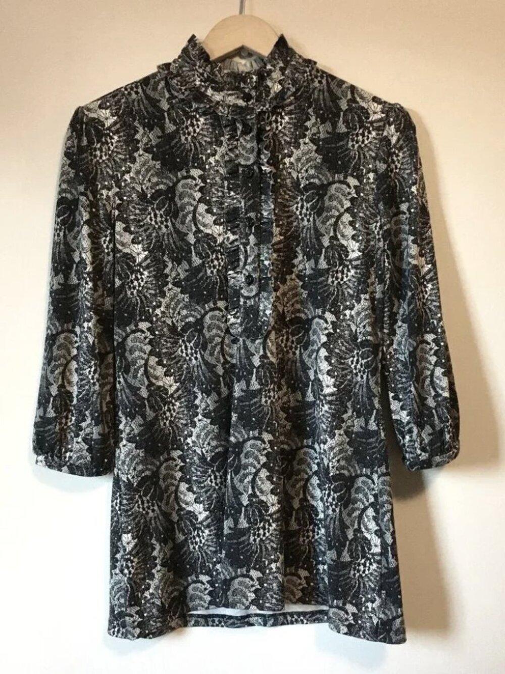 Style & Co Black White Lace-Print Blouse Women S Frilly Mock Neck Victorian Goth